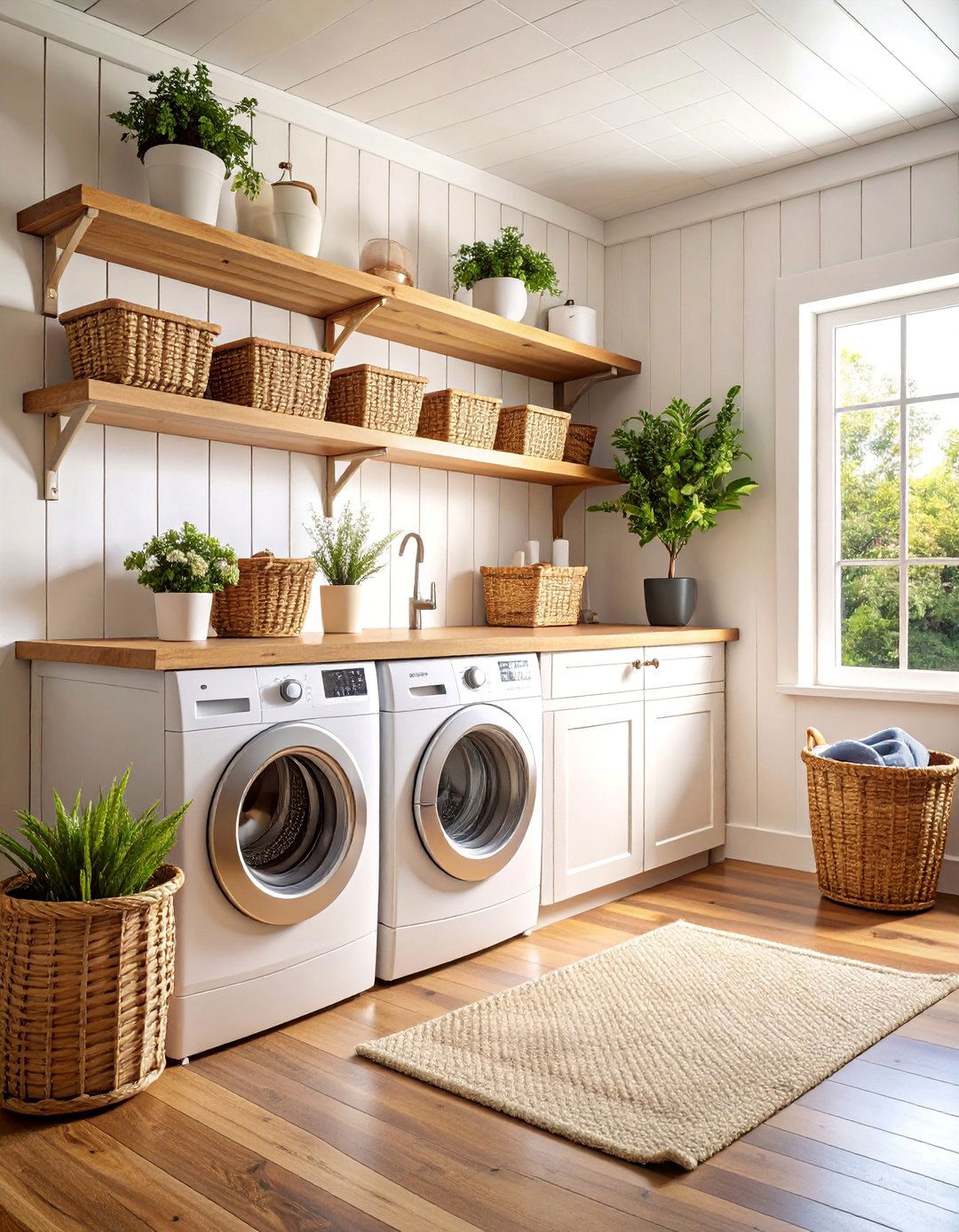 Farmhouse Shiplap Stackable Laundry Nook - 25 Stackable Laundry Room Ideas
