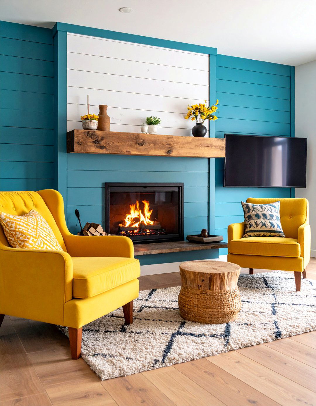 Farmhouse Shiplap with Reclaimed Wood Mantel - 25 Electric Fireplace Ideas With Tv Above