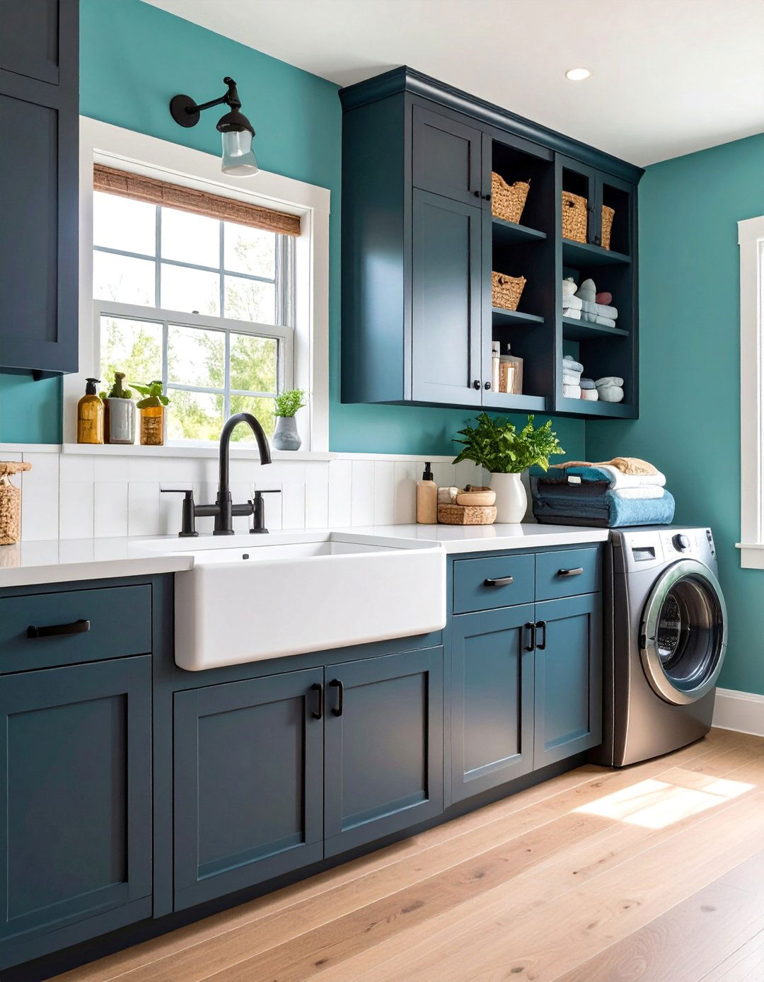 Farmhouse Sink with Black Fixtures - 25 Black and White Laundry Room Ideas