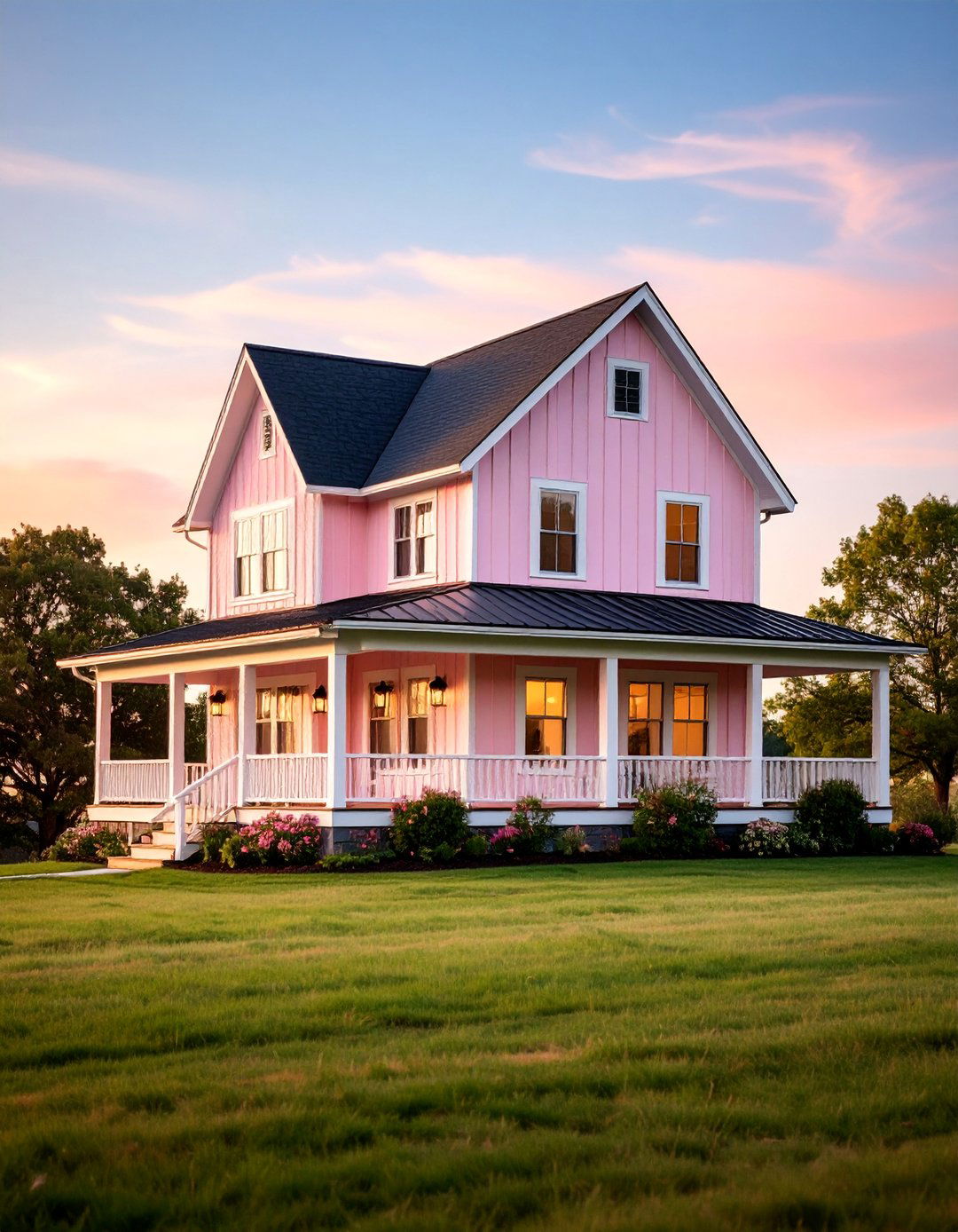 Farmhouse Soft Pink House Exterior with Board and Batten - 25 Pink House Exterior Ideas