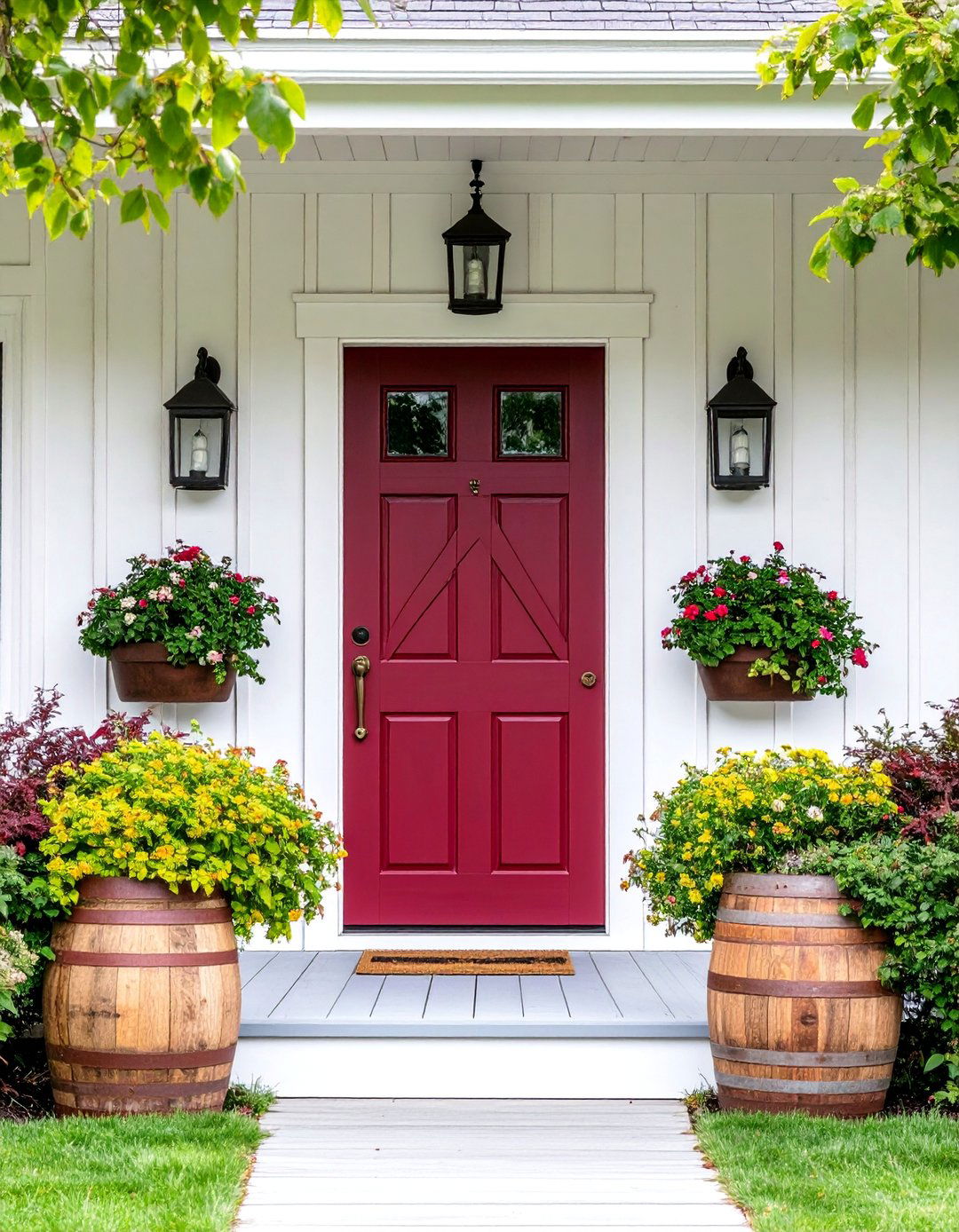 Farmhouse Style Burgundy Front Door with X Brace and Rustic Lanterns - 25 Burgundy Front Door Ideas