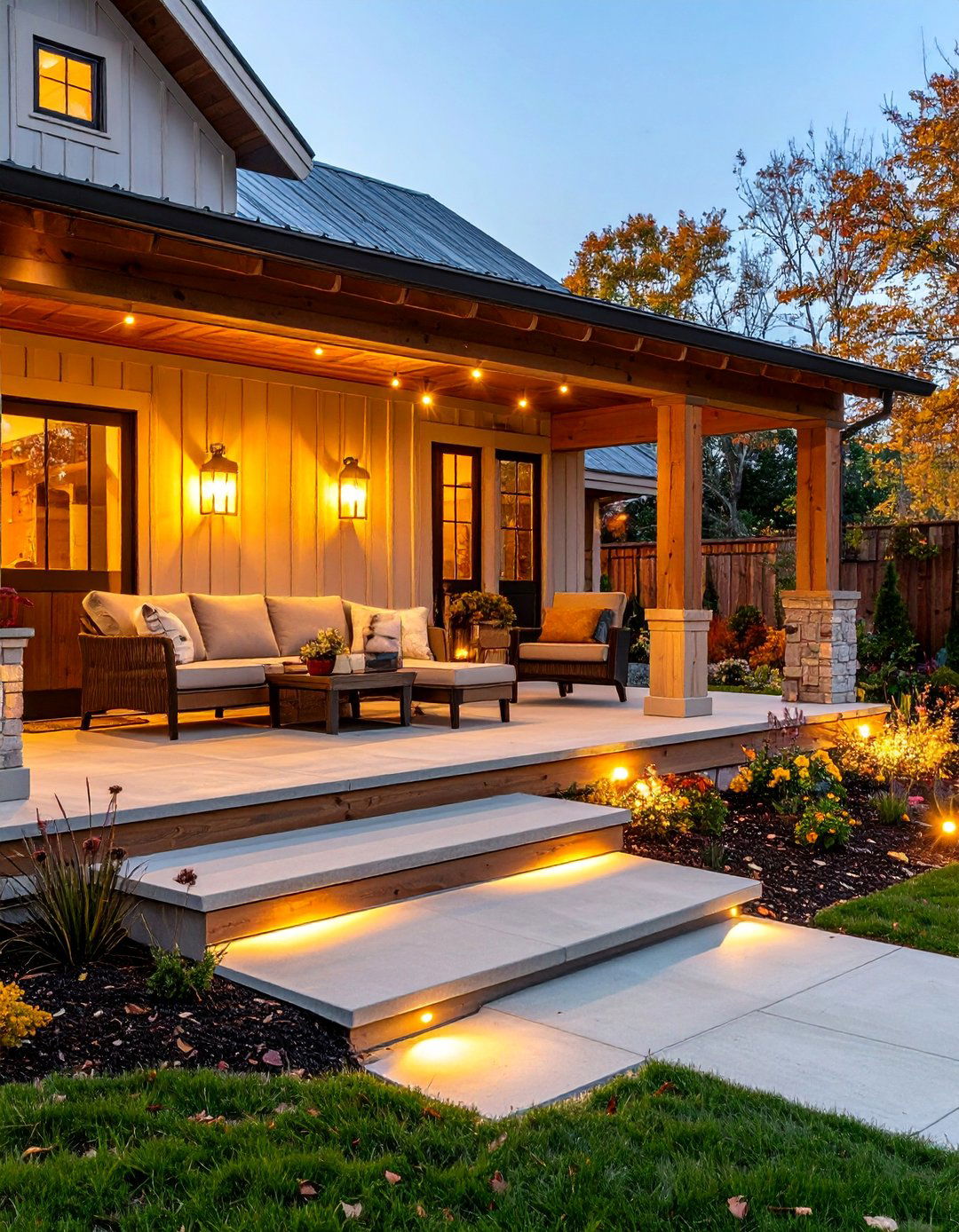 Farmhouse Style Concrete Porch with Wood Accents - 25 Concrete Porch Ideas