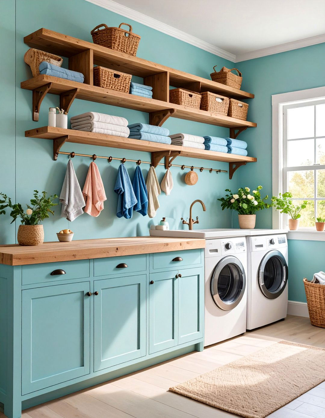 Farmhouse Style Shelving with Hooks - 25 Laundry Room Shelving Ideas