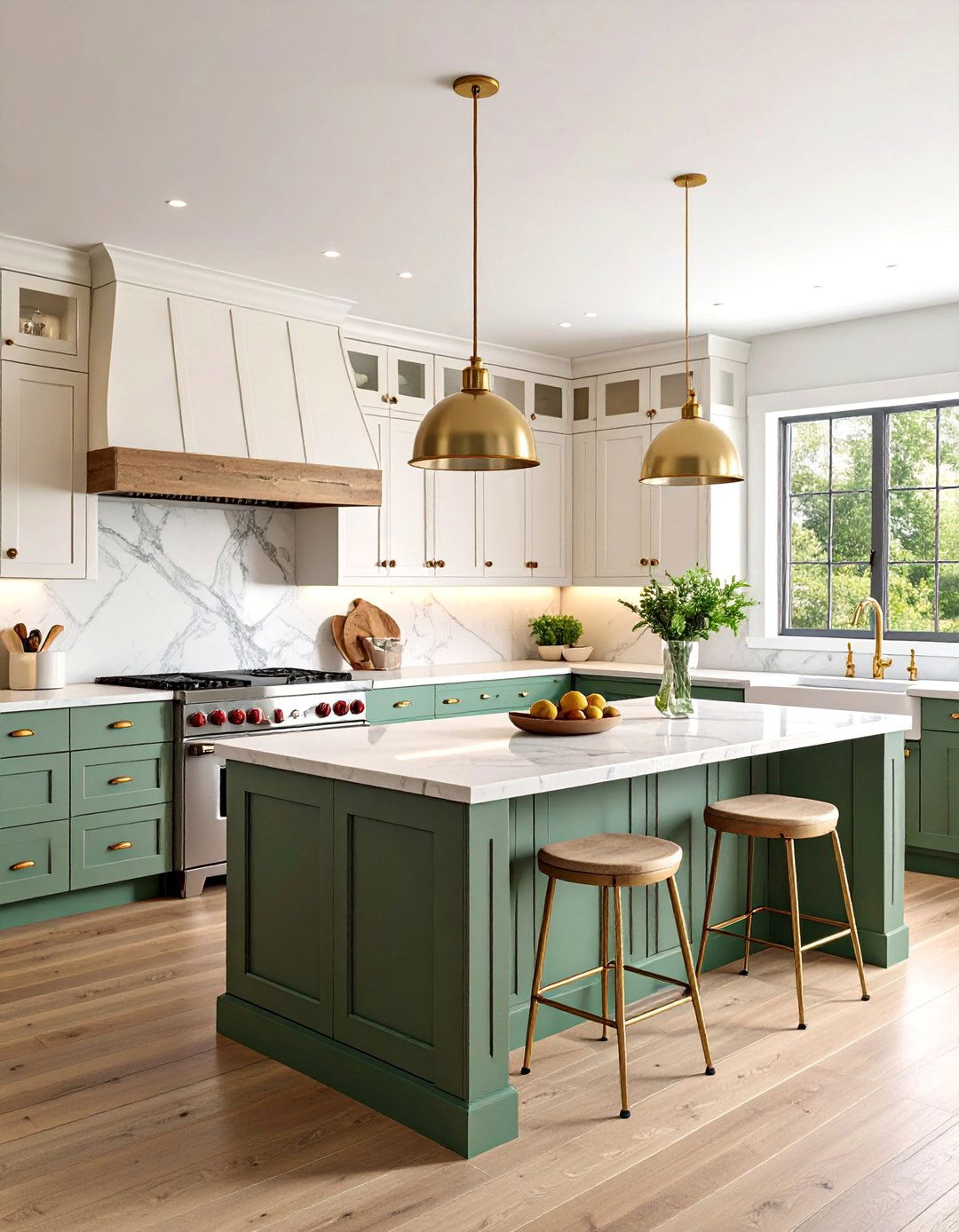 Farmhouse Style Wood and Marble Combination Islands - 25 Double Island Kitchen Ideas