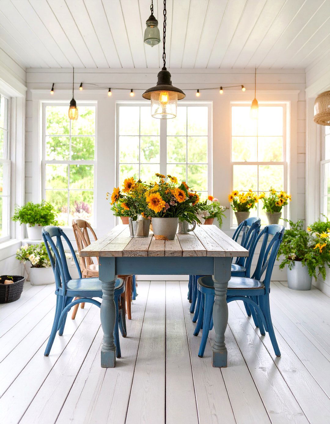 Farmhouse Sunroom Dining Room with Rustic Wood Tables - 25 Sunroom Dining Room Ideas