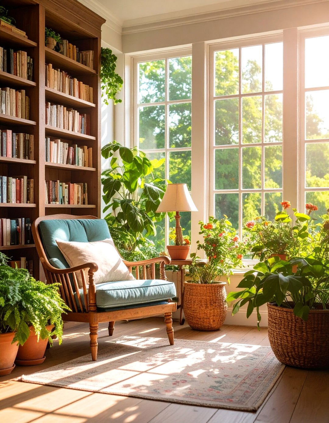 Farmhouse Sunroom Reading Nook with Library Elements - 25 Farmhouse Sunroom Ideas