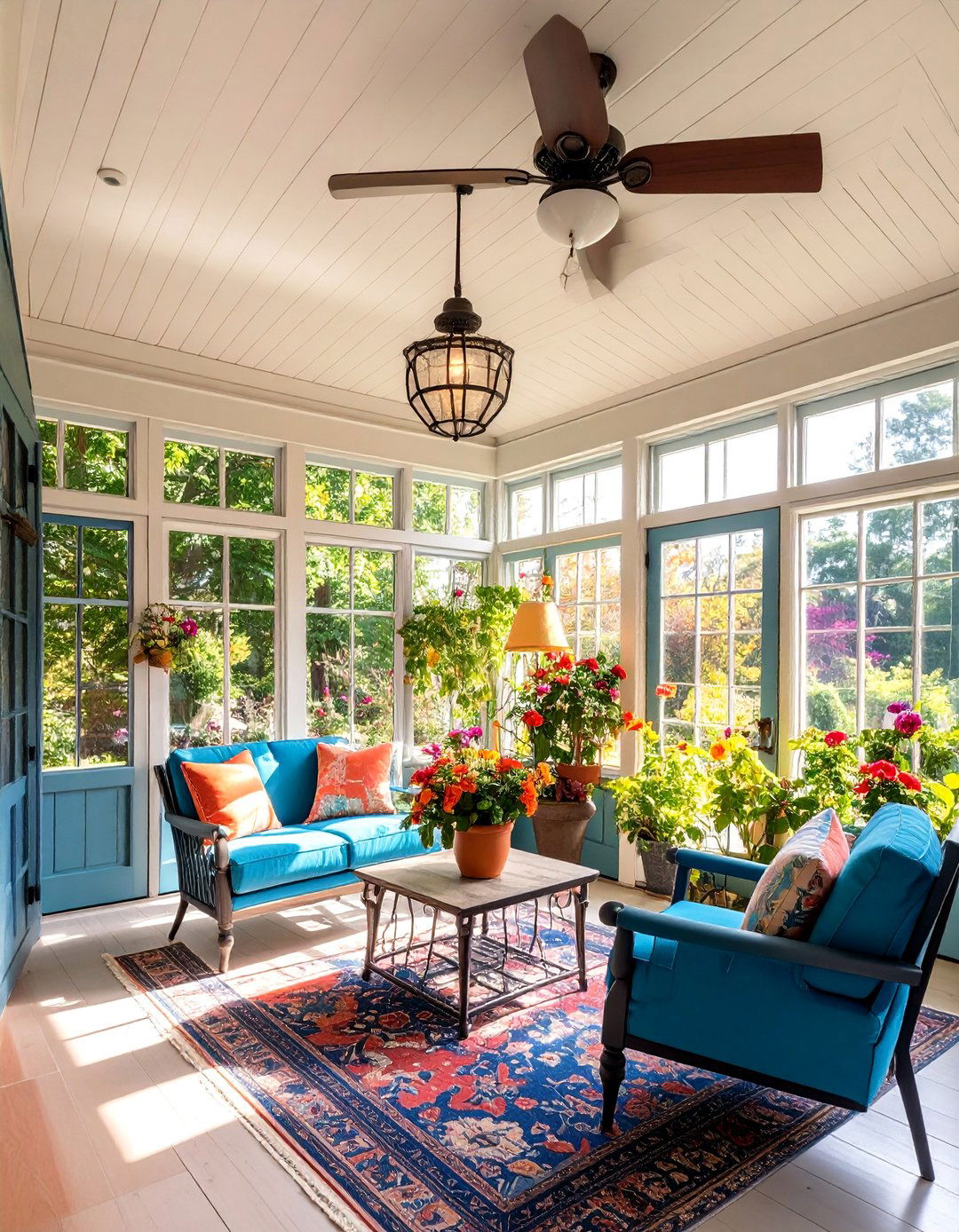 Farmhouse Sunroom with Beadboard Ceiling Treatment - 25 Farmhouse Sunroom Ideas