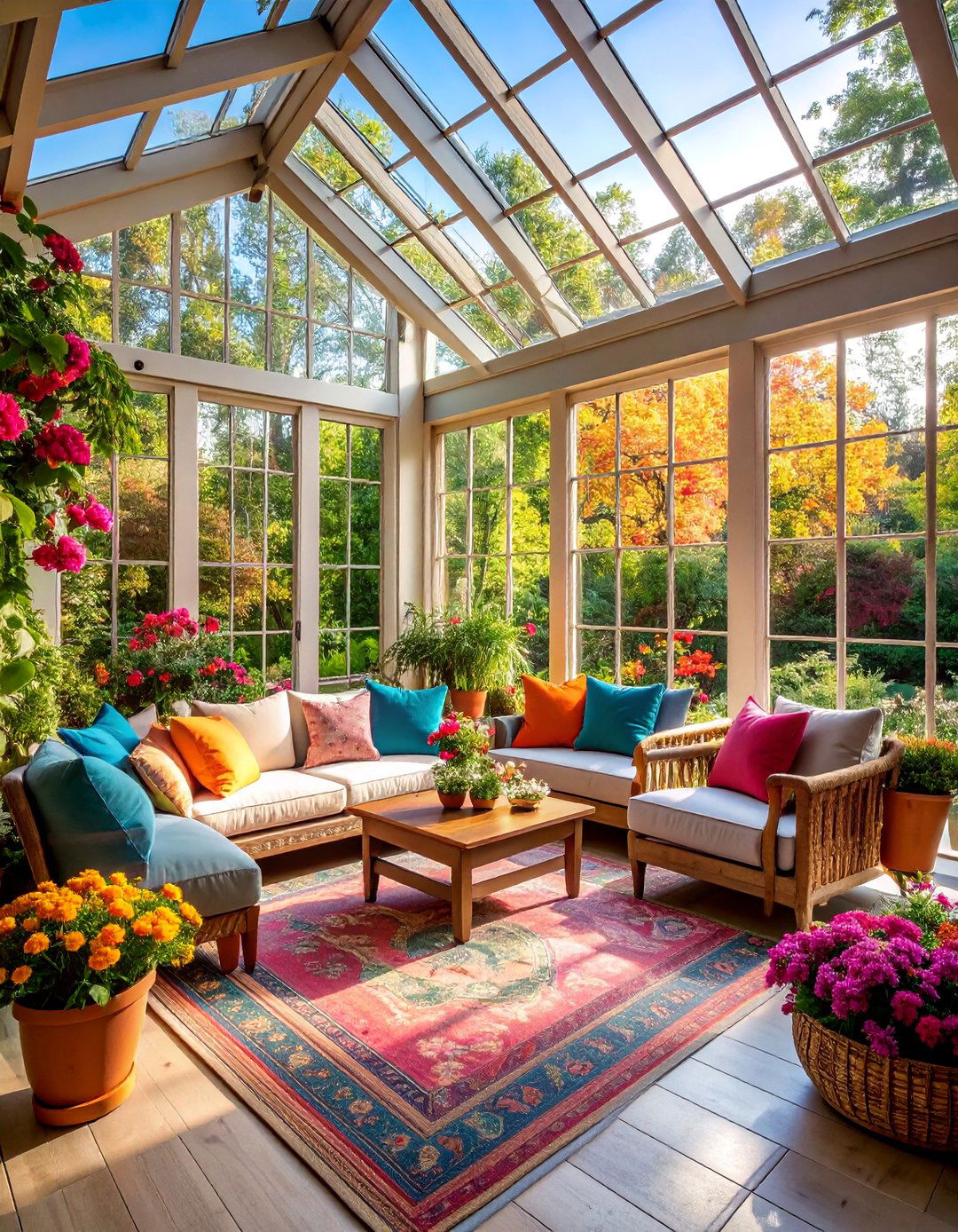 Farmhouse Sunroom with Colorful Garden Views - 25 Farmhouse Sunroom Ideas