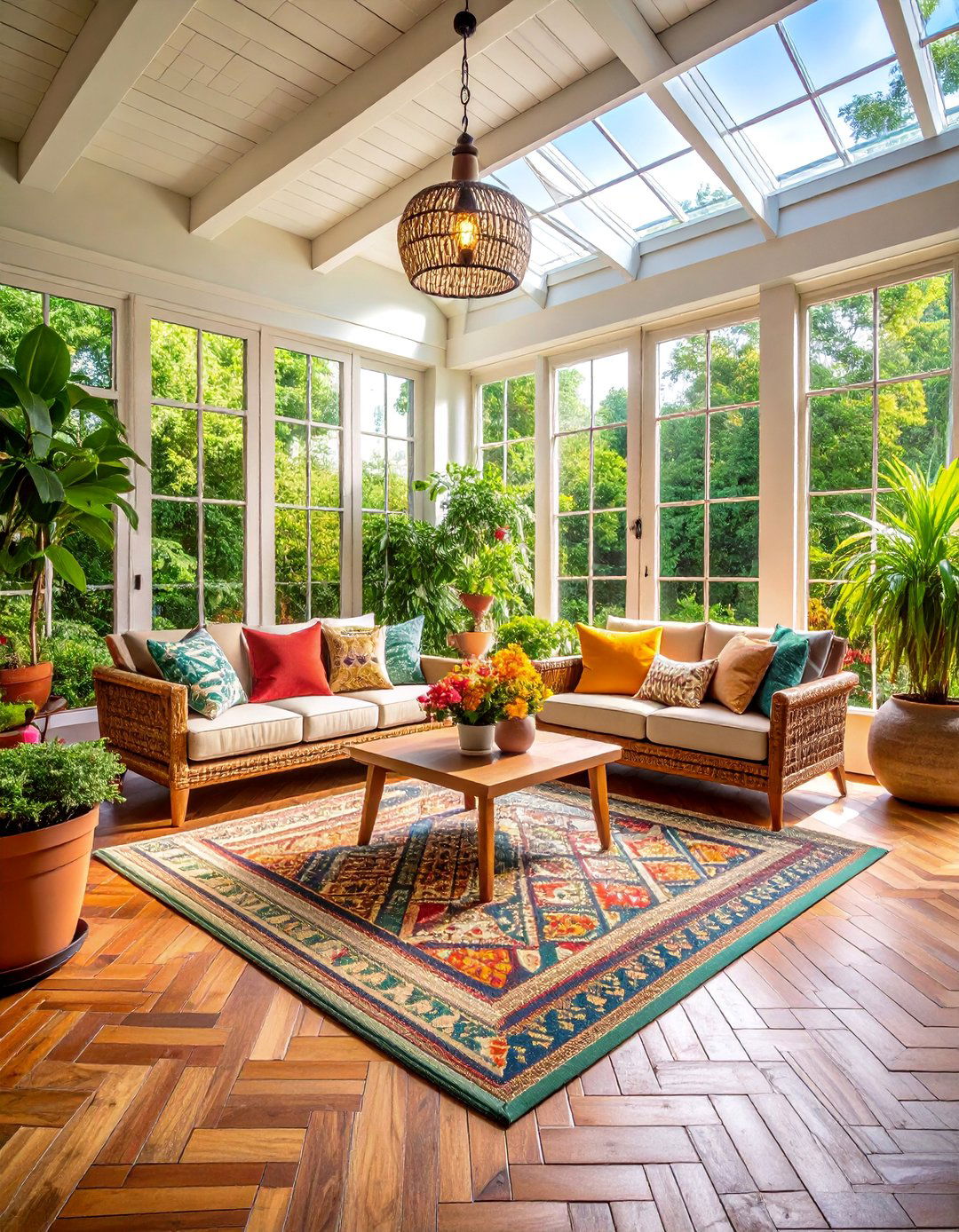 Farmhouse Sunroom with Herringbone Brick Flooring - 25 Farmhouse Sunroom Ideas
