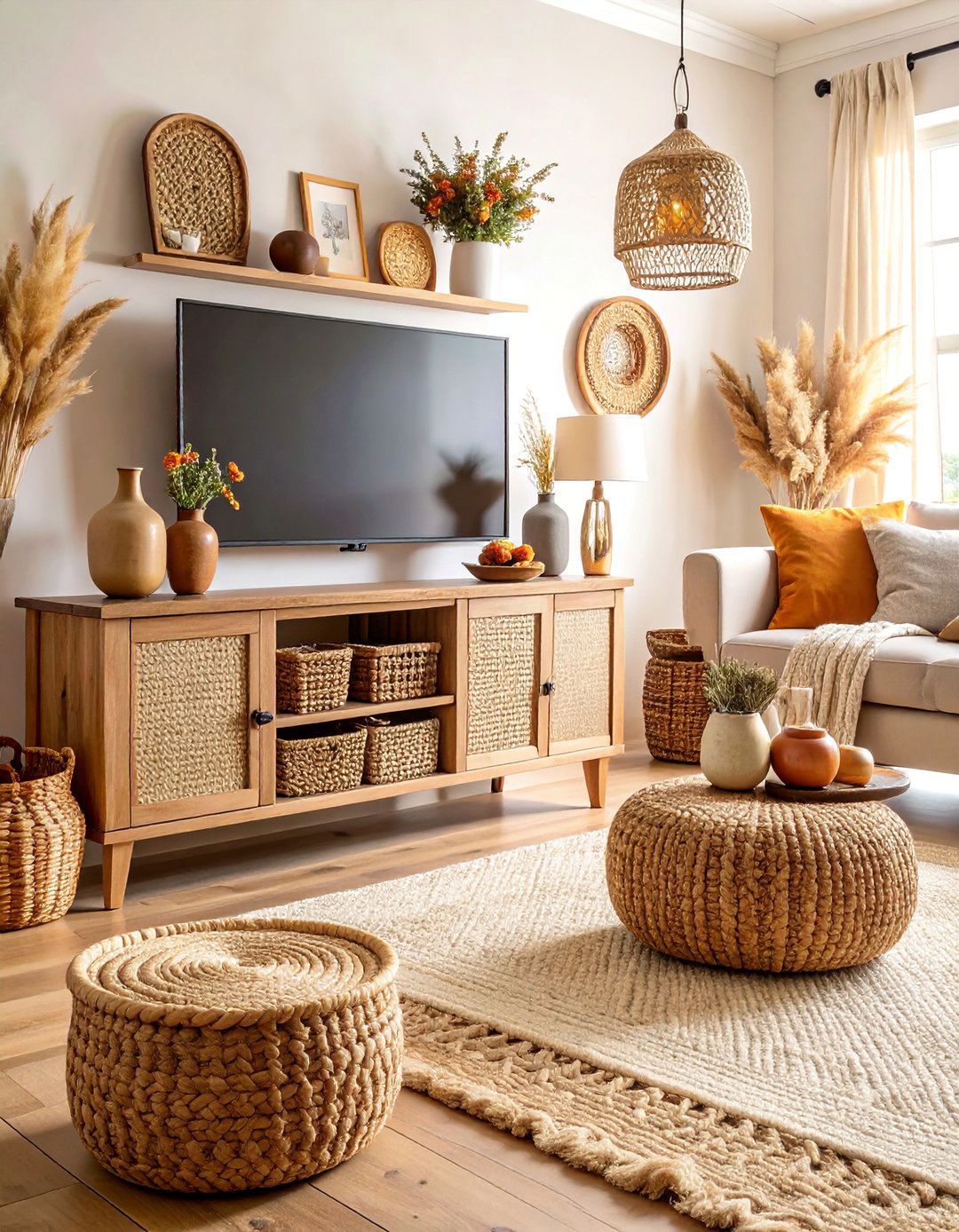Farmhouse TV Console with Rustic Storage Baskets - 25 Tv Console Decor Ideas