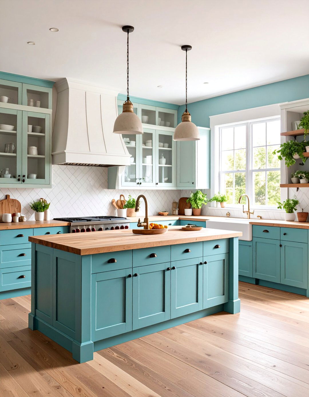 Farmhouse Teal and White Kitchen with Open Shelving - 25 Teal and White Kitchen Ideas