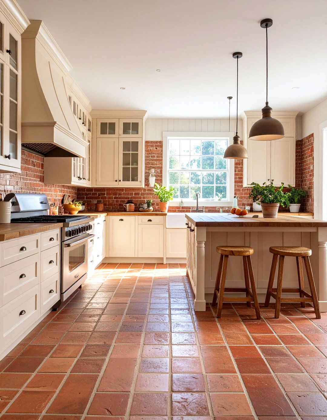 Farmhouse Terracotta Kitchen Floor with Vintage Brick Border - 25 Terracotta Kitchen Floor Ideas
