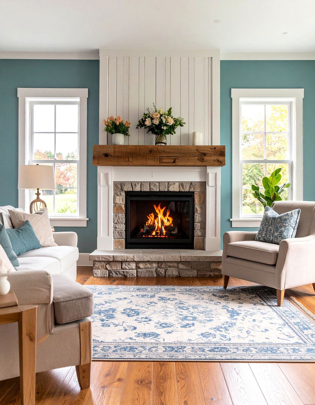 Farmhouse Three Sided Fireplace with Shiplap and Barn Wood - 25 3 Sided Fireplace Ideas