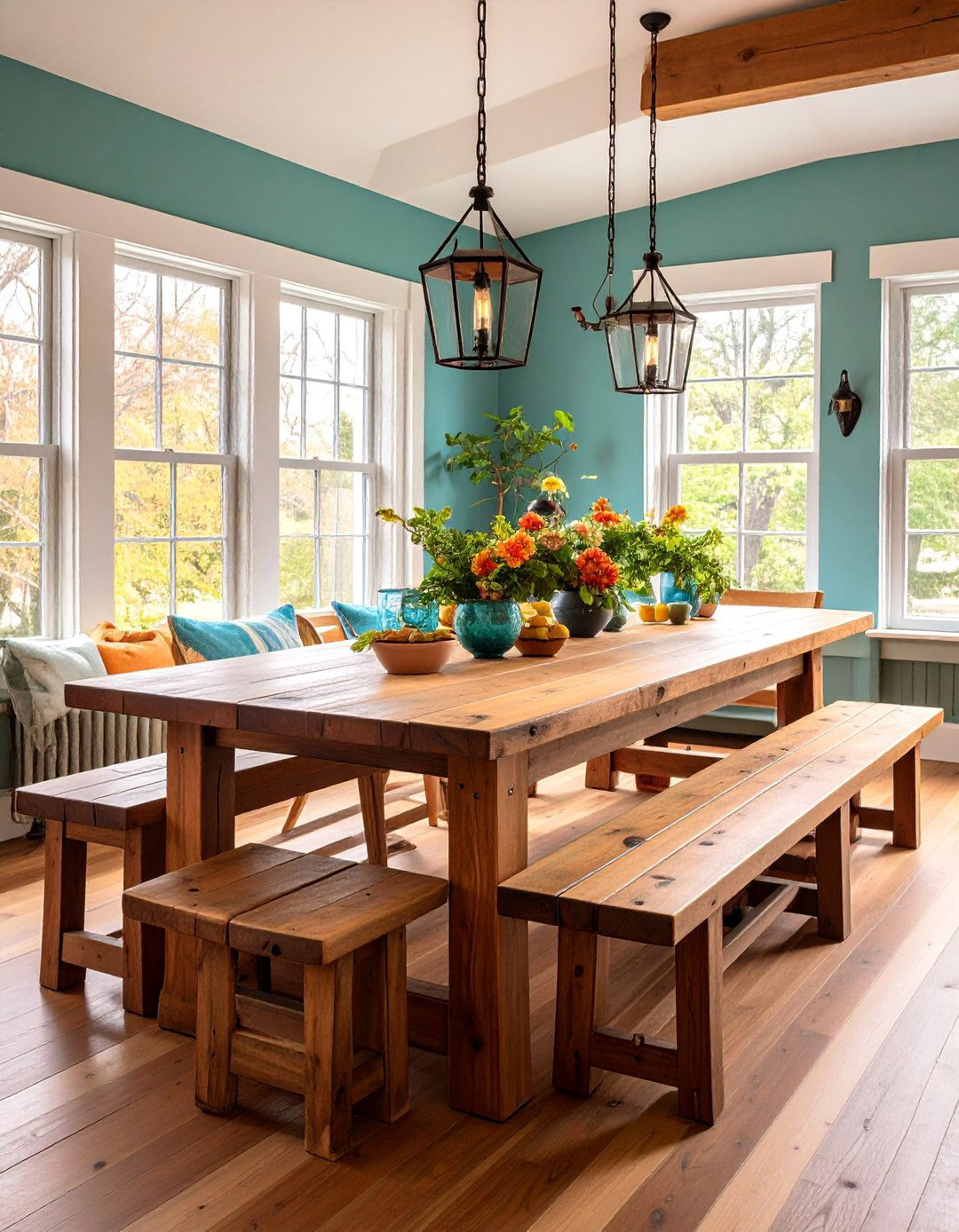 Farmhouse Trestle Table with Bench Seating - 25 Table Design Ideas