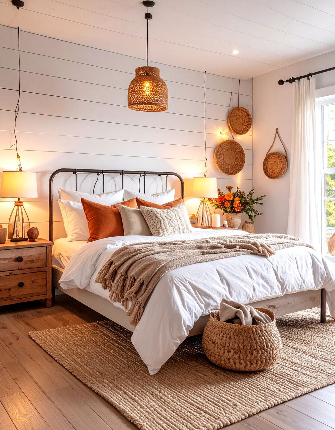 Farmhouse White Bedroom with Shiplap Accent Wall - 25 White and Cream Bedroom Ideas