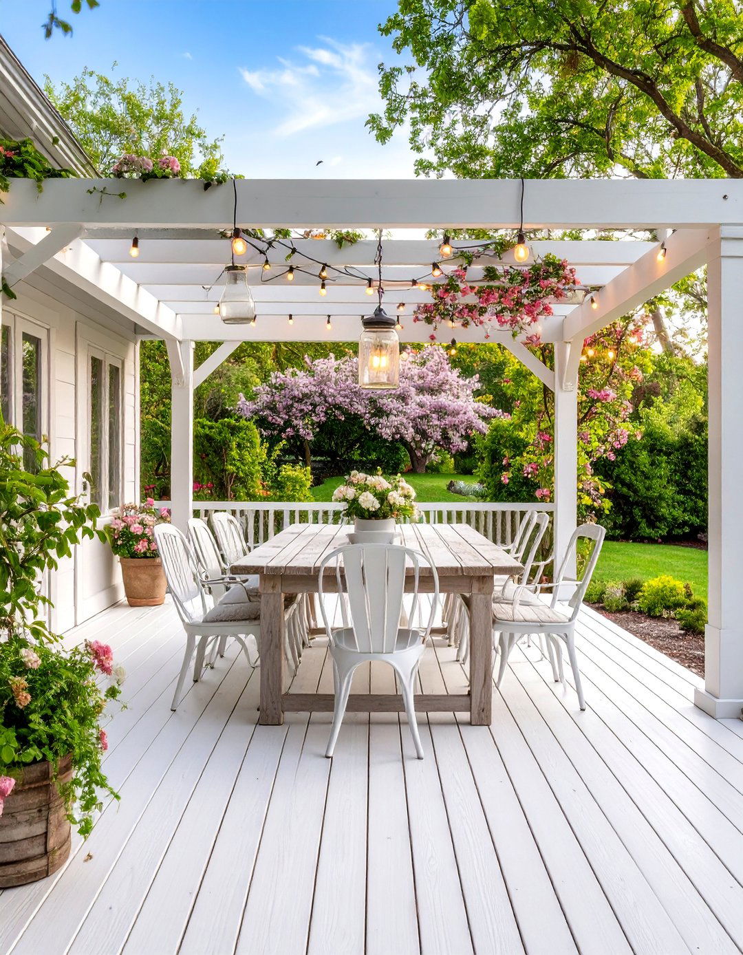 Farmhouse White Deck with Vintage Elements - 25 White Deck Ideas