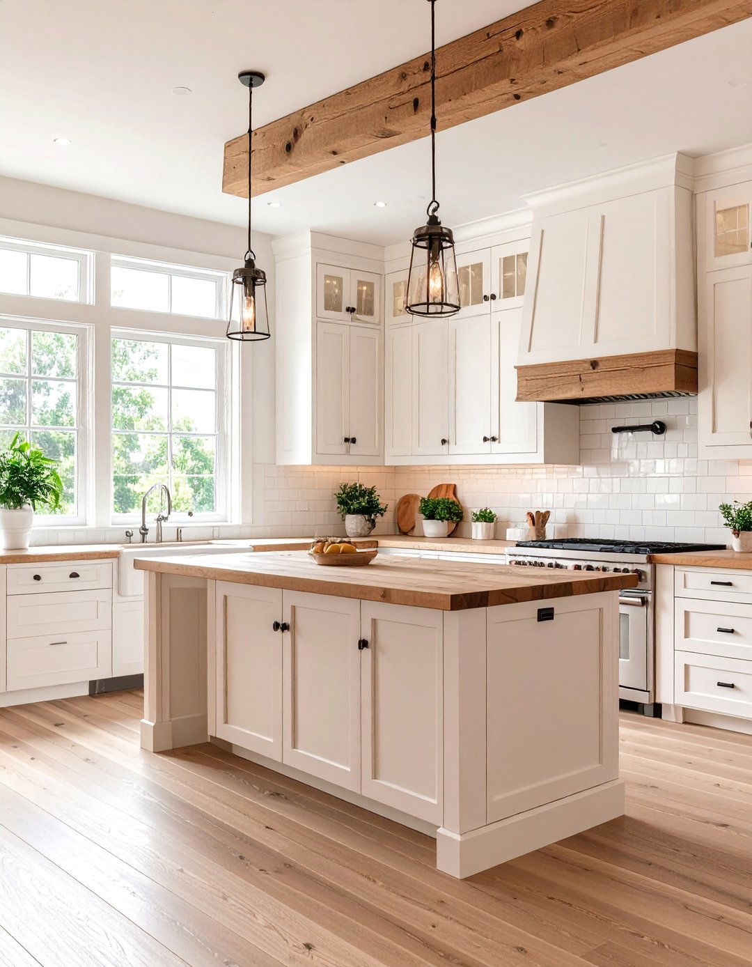 Farmhouse White Kitchen with Butcher Block Accents - 25 White Kitchen Ideas