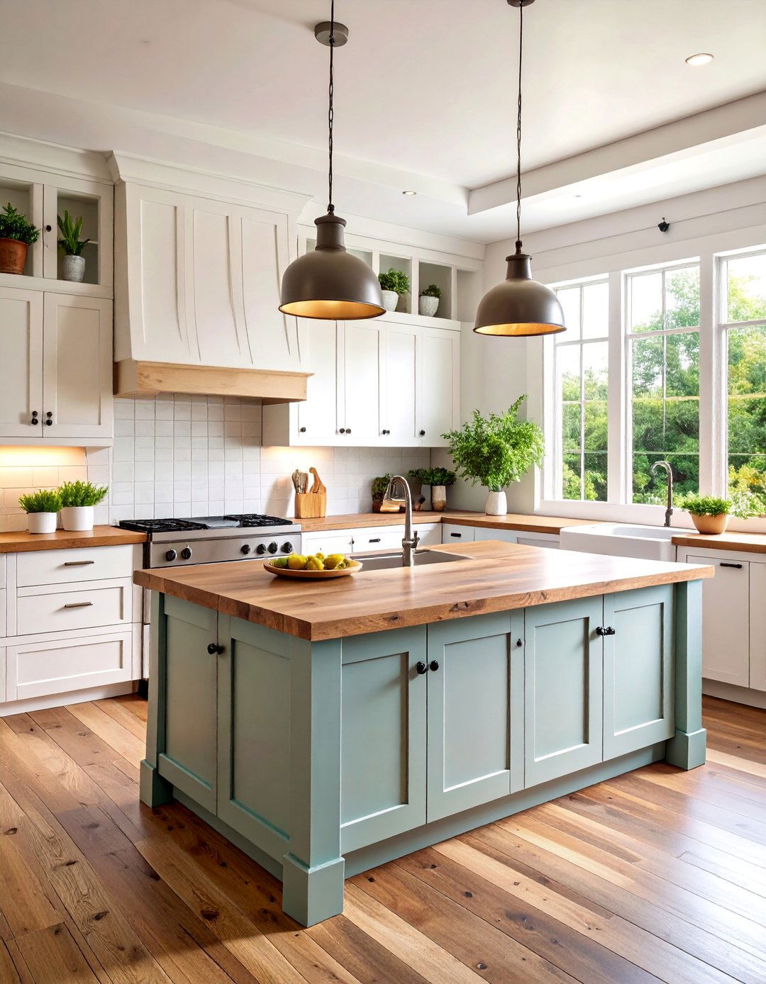 Farmhouse White Kitchen with Reclaimed Wood Island - 25 White Kitchen with Stainless Steel Appliances Ideas