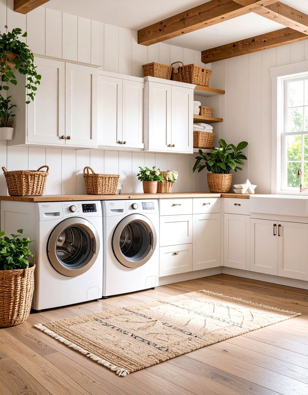 Farmhouse White Laundry Room with Shiplap Walls - 25 White Laundry Room Ideas