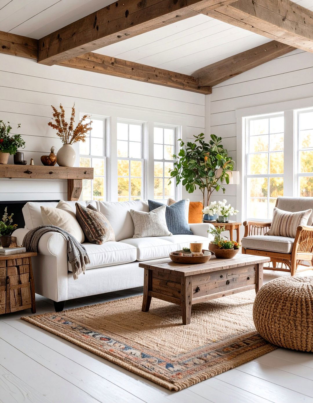 Farmhouse White Living Room with Rustic Charm - 25 White Living Room Ideas