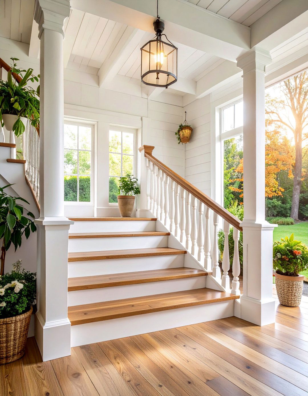 Farmhouse White Oak Staircase with Painted Risers - 25 White Oak Staircase Ideas
