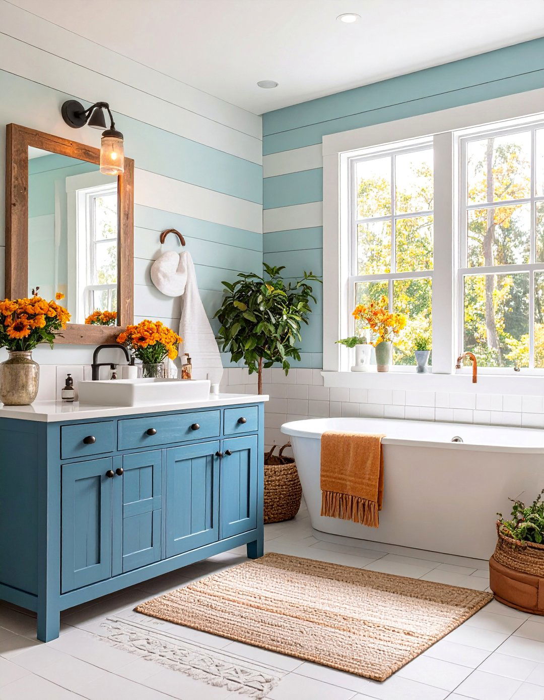 Farmhouse White Tile Bathroom with Shiplap Walls - 25 White Tile Bathroom Ideas