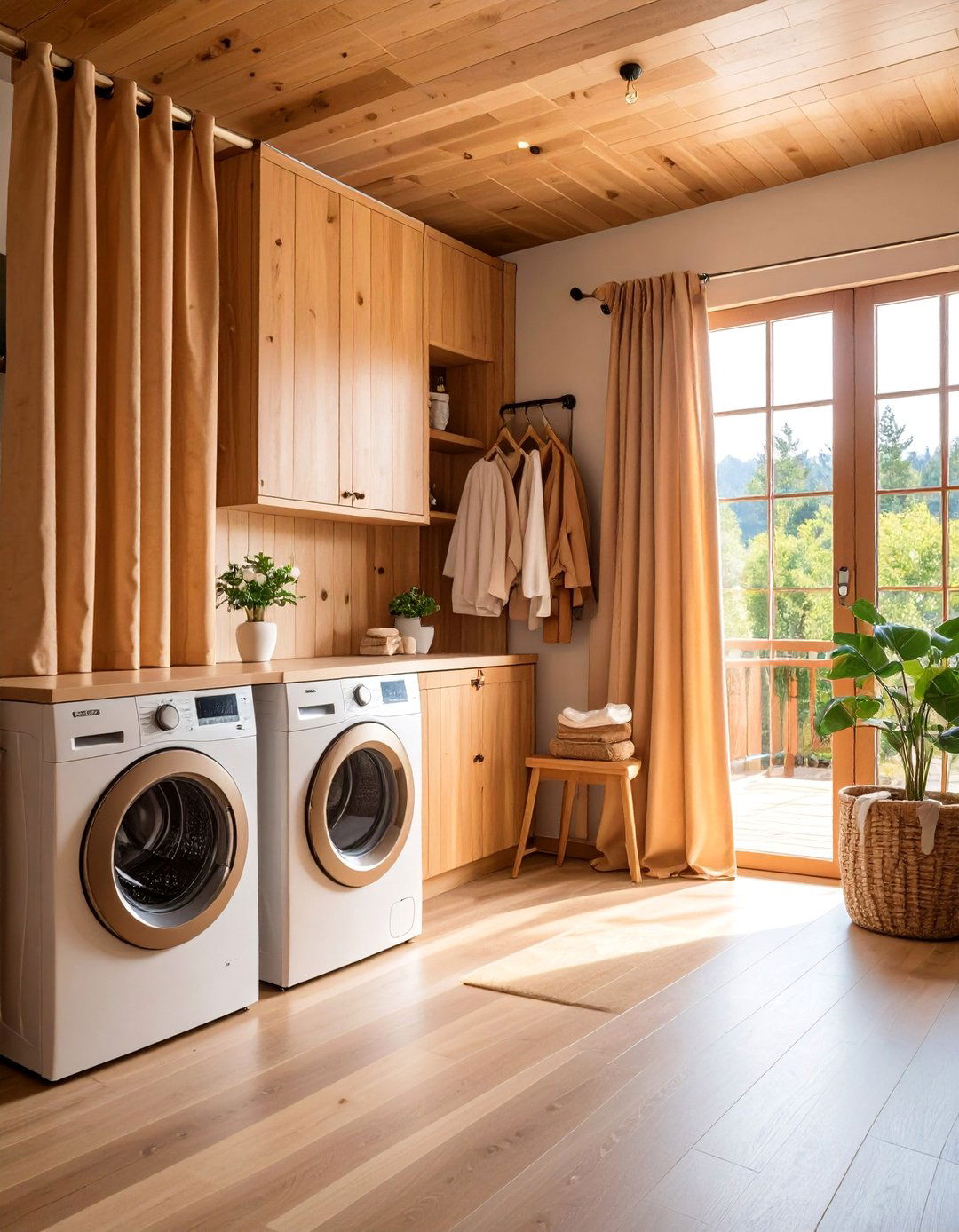 Faux Wood Grain Curtains for Cabin Aesthetics - 25 Laundry Room Curtain Ideas