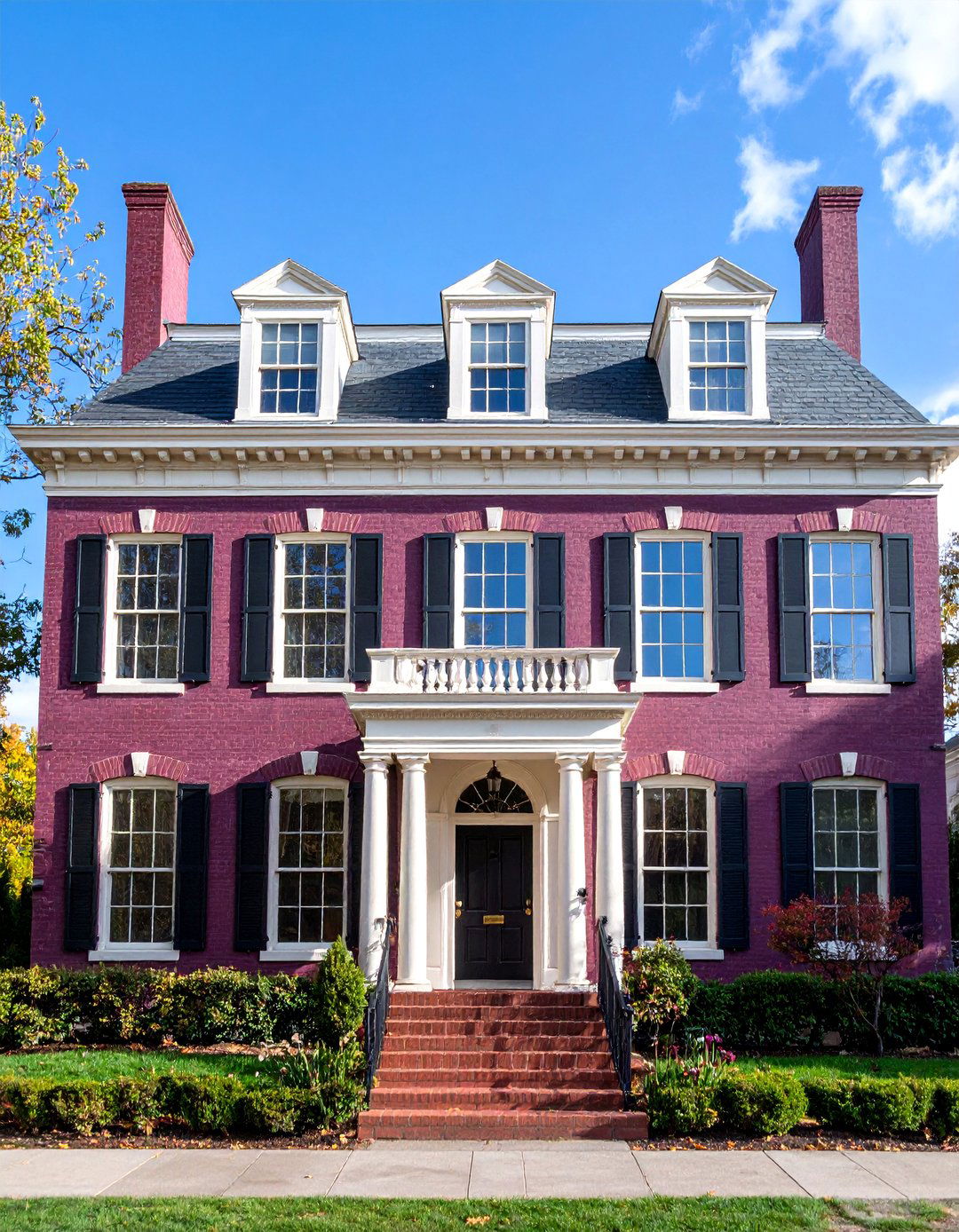 Federal Style Aubergine with Brass Hardware - 25 Purple House Exterior Ideas