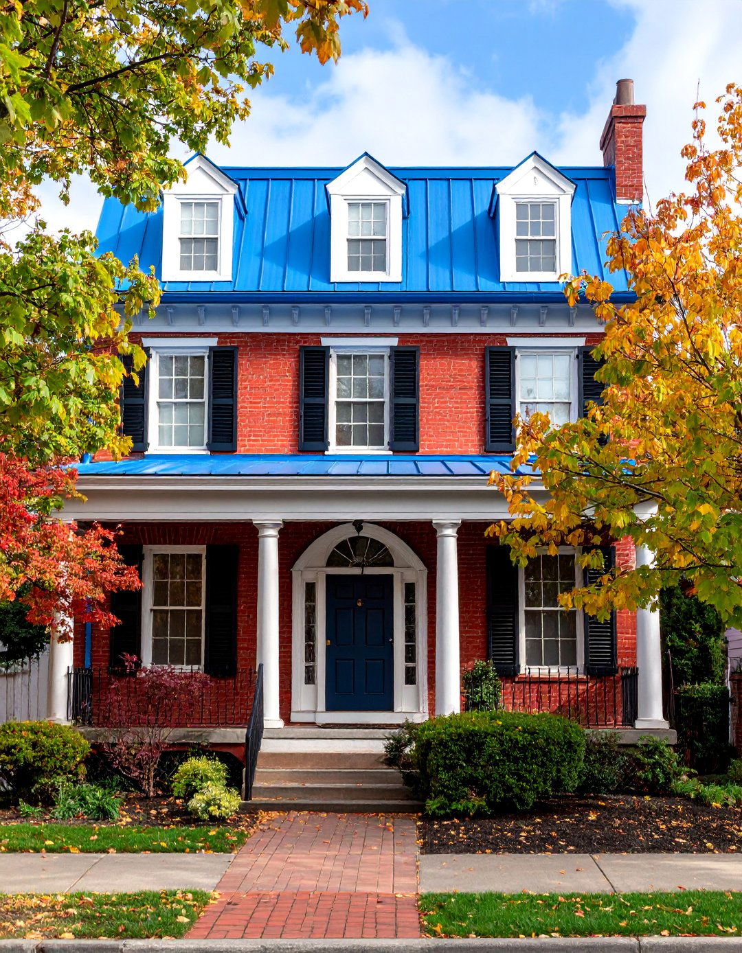 Federal Style Blue Metal Roof Townhouse with Brick Facade - 25 houses with blue metal roofs