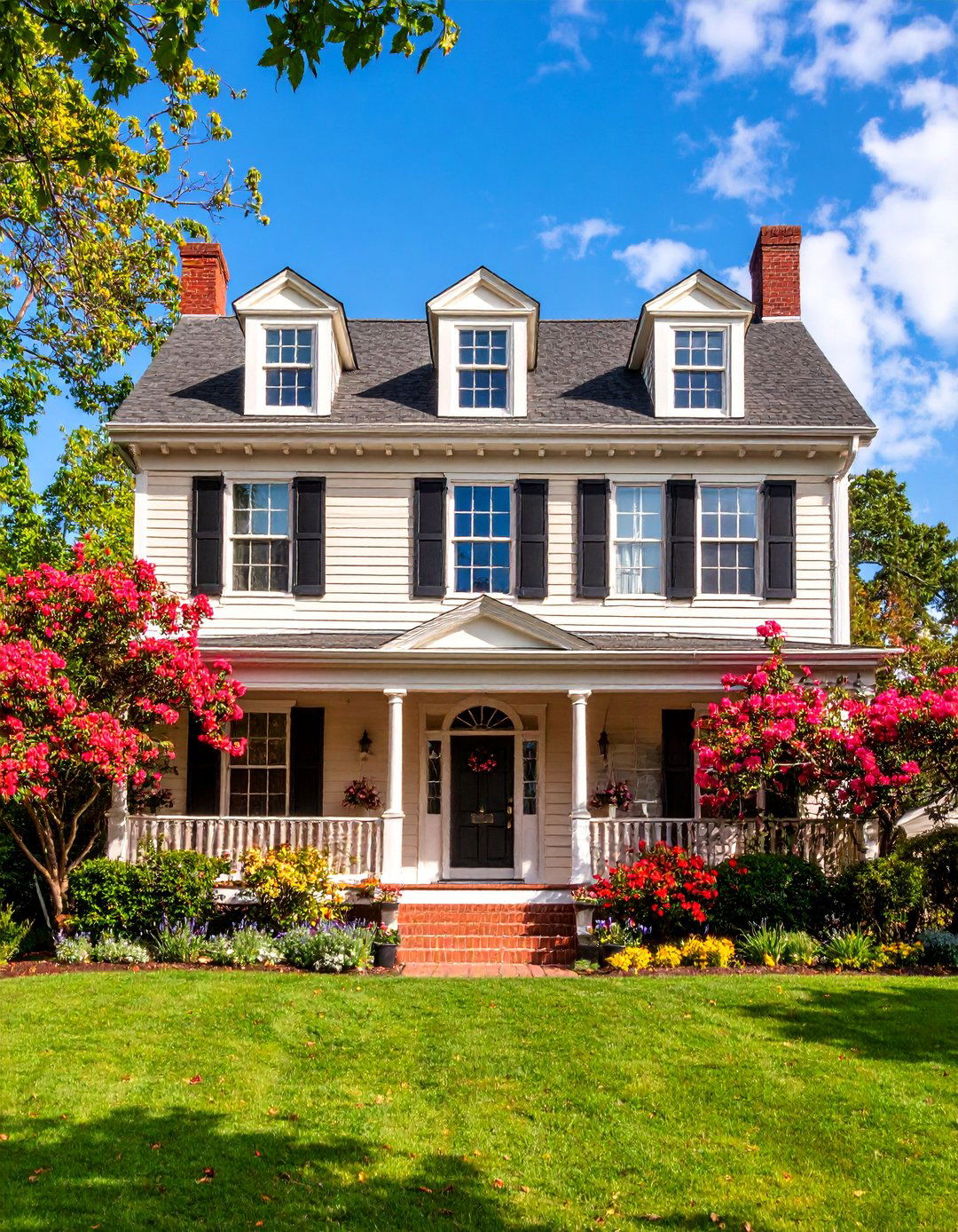 Federal Style Cream Clapboard with Brown Brick Foundation - 25 Cream and Brown House Exterior Ideas