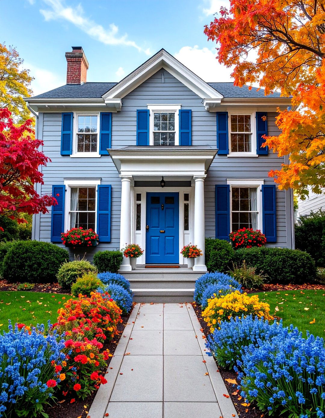 Federal Style Grey House with Prussian Blue Door - 25 Grey House With Blue Door Ideas