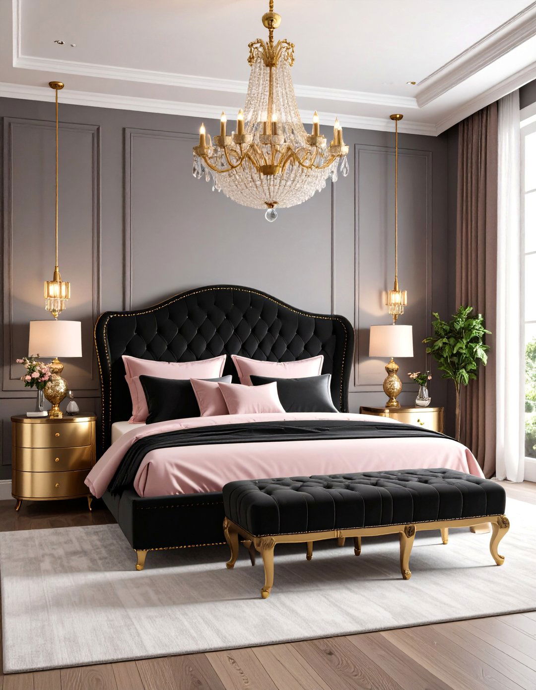 Feminine Glam Boudoir with Curved Elements - 25 Black and Gold Bedroom Ideas