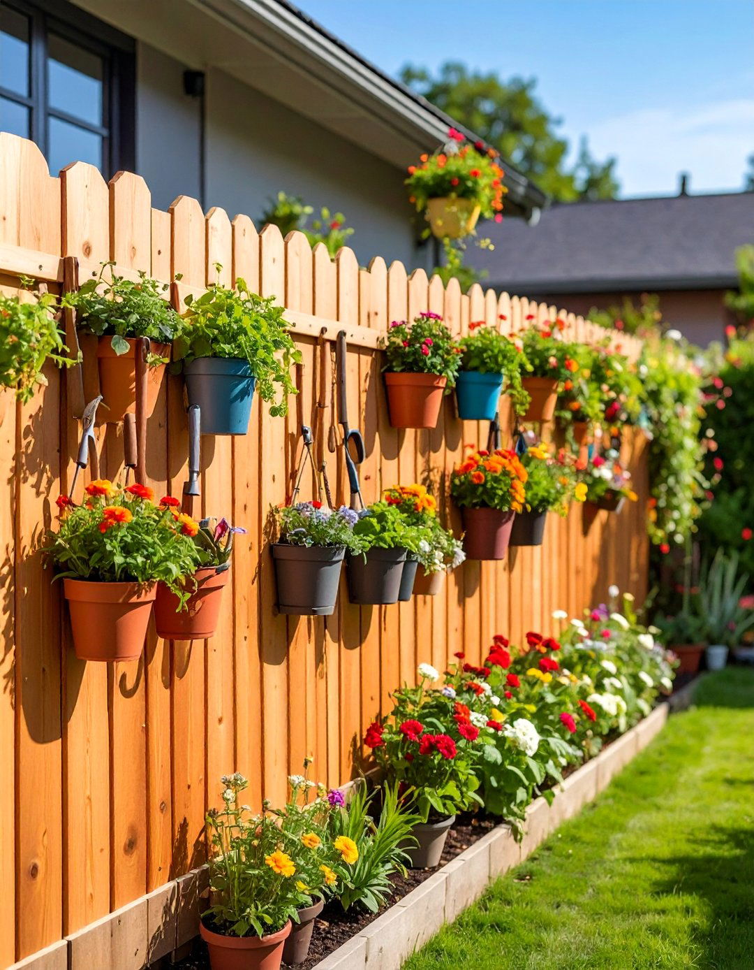 Fence Line Utility Garden Storage Organization - 25 Cheap Backyard Makeover Ideas