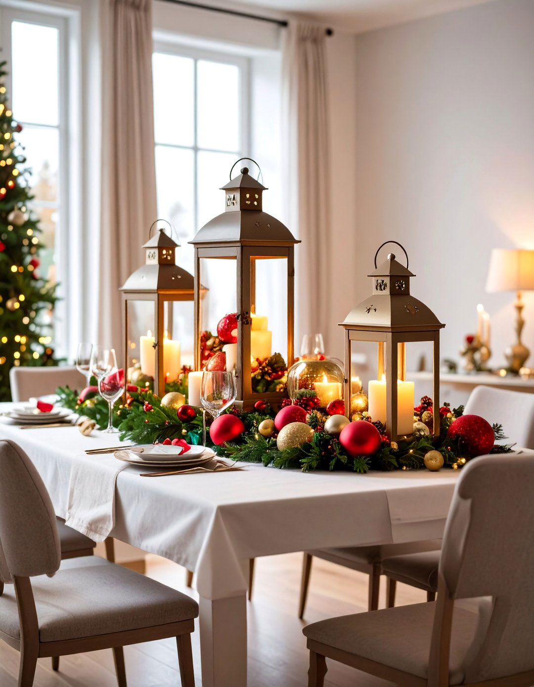 Festive Christmas Dining Room with Ornament Filled Lanterns - 25 Lantern Decor Ideas