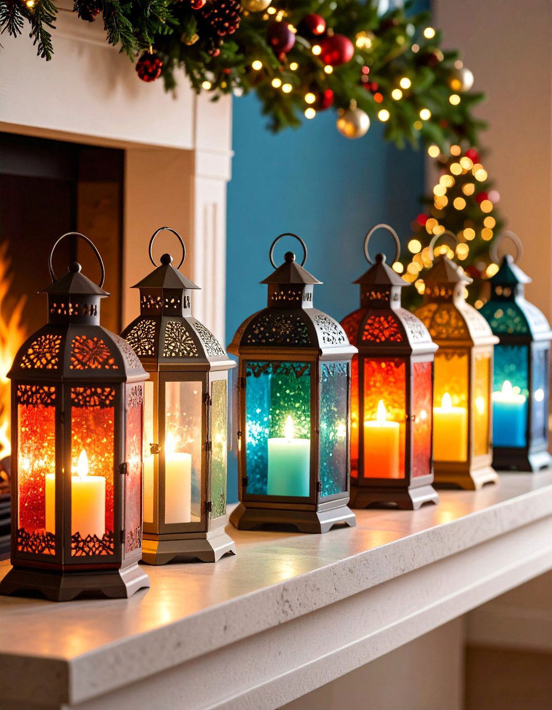 Festive Holiday Mantel with Themed Seasonal Lantern Collections - 25 Lantern Decor Ideas