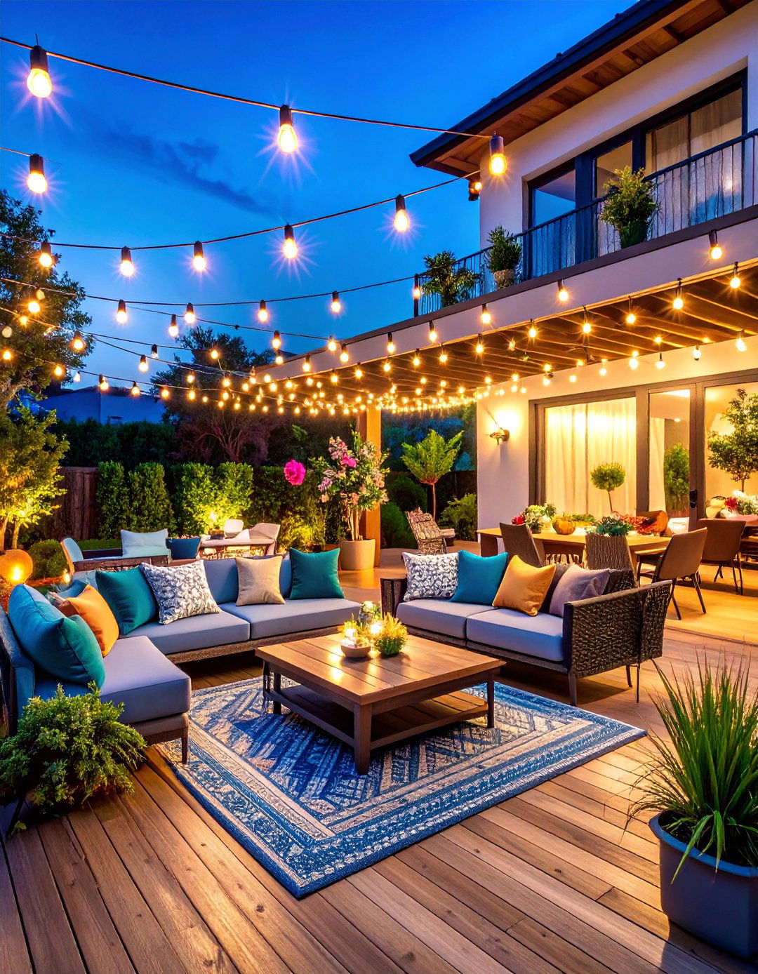 Festive Party Patio with Multi Color String Lights - 25 Patio String Light Ideas