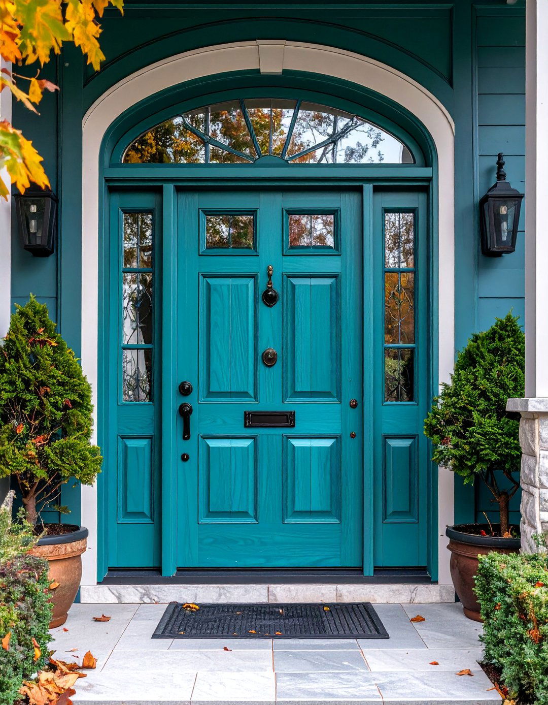 Fiberglass Turquoise Door with Wood Grain Texture - 25 Turquoise Front Door Ideas