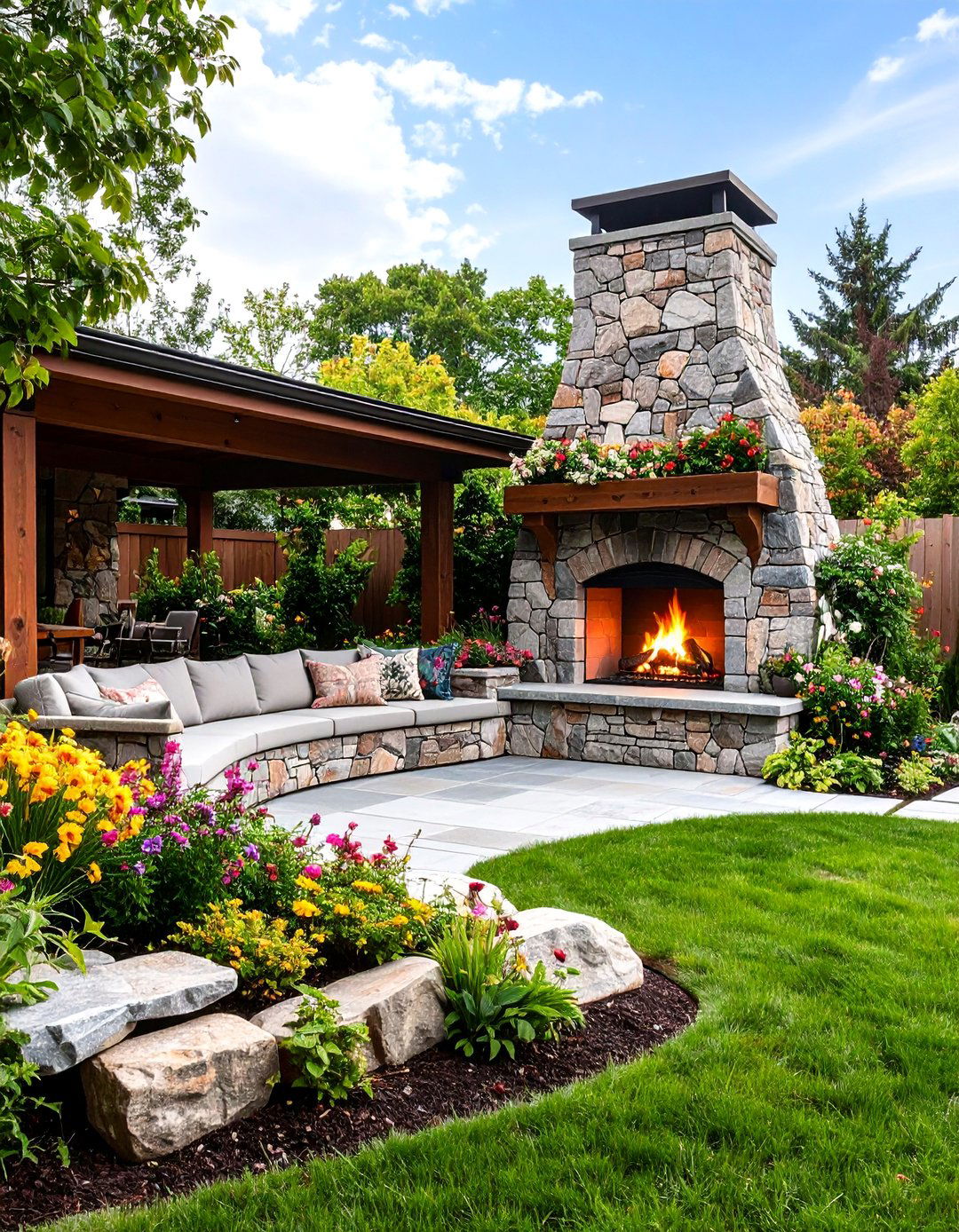 Fieldstone Corner Fireplace with Seating Walls - 25 Rustic Outdoor Fireplace Ideas