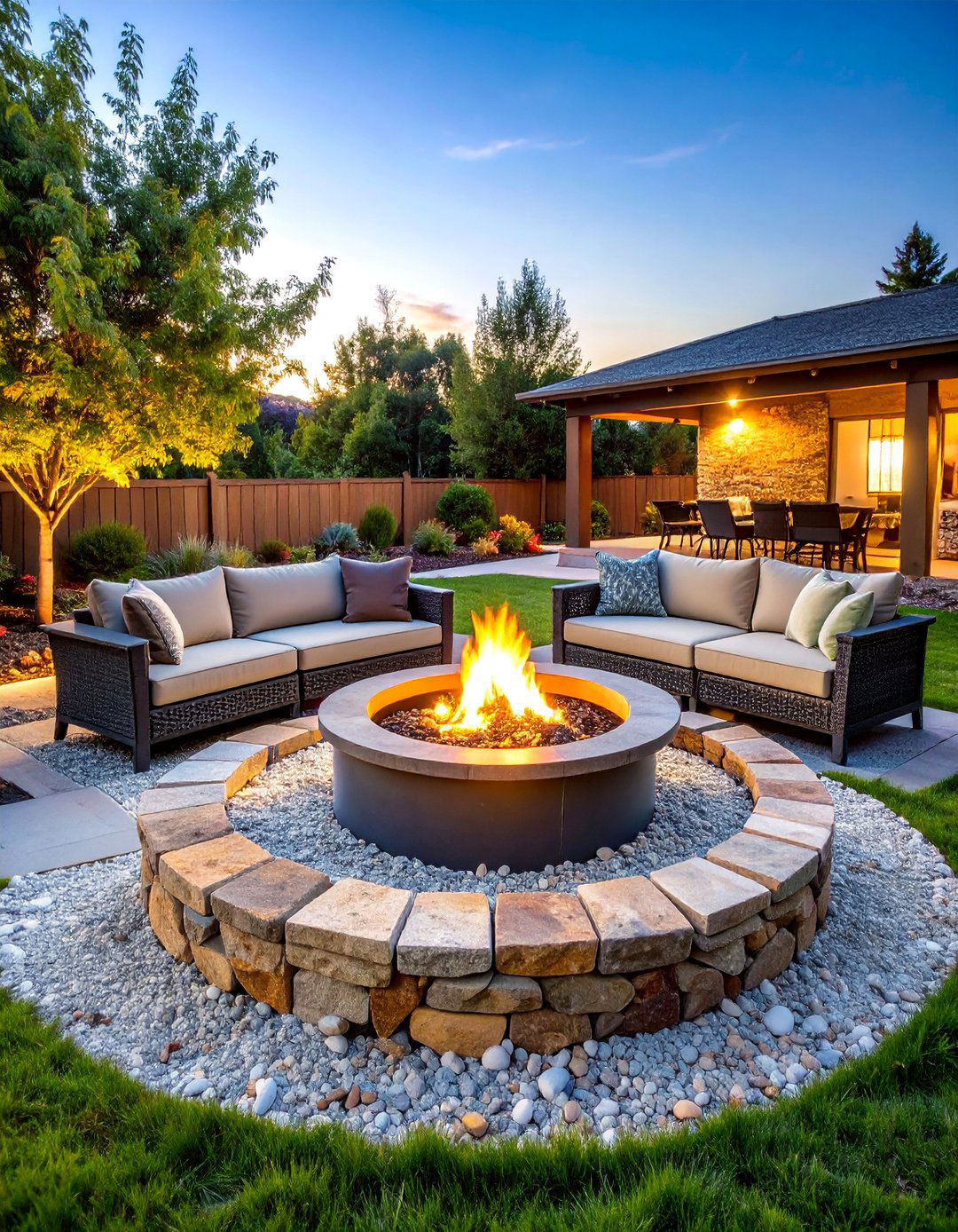 Fieldstone Fire Pit Area with Gravel Seating - 25 Rock Landscaping Ideas