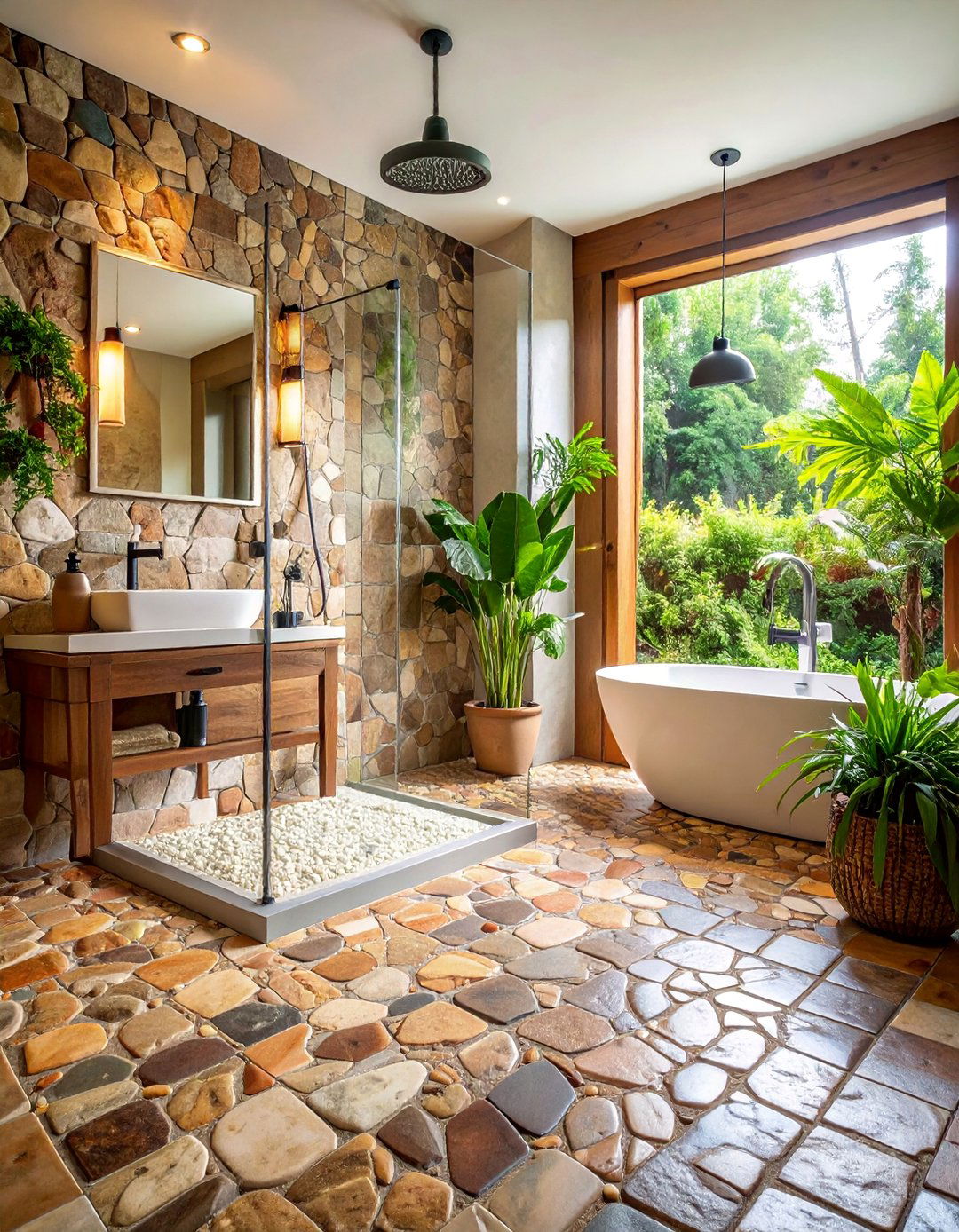 Fieldstone Mosaic Shower Floor with Natural Random Patterns - 25 Stone Shower Design Ideas