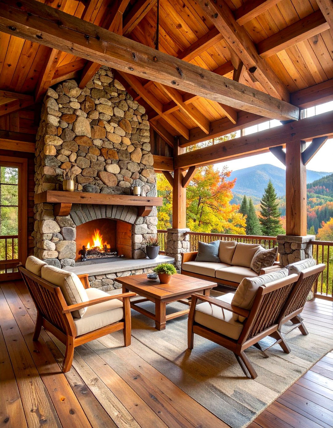 Fieldstone Mountain Porch with Timber Frame - 25 Stone Porch Ideas