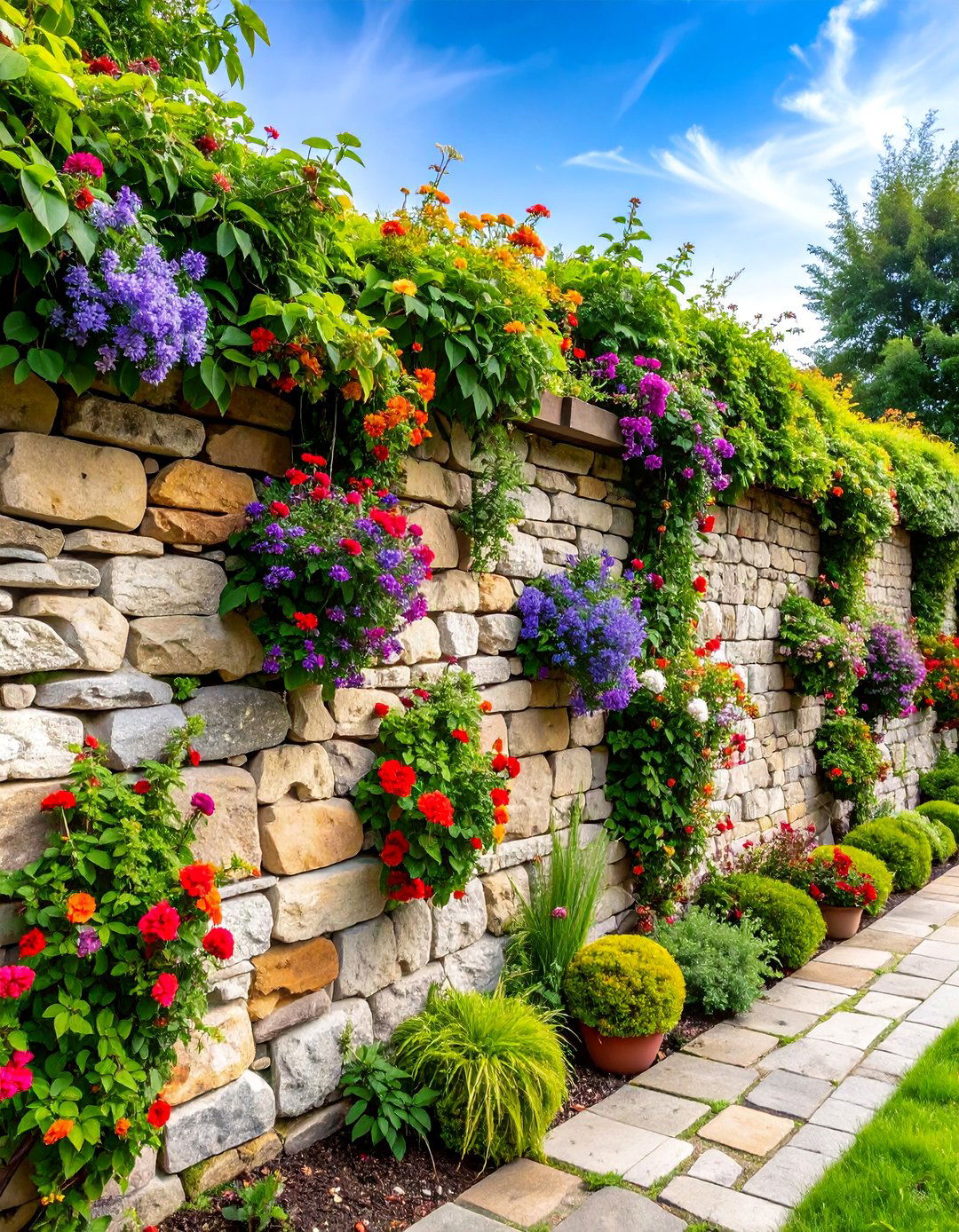Fieldstone Wall with Climbing Plant Support - 25 Natural Rock Retaining Wall Ideas