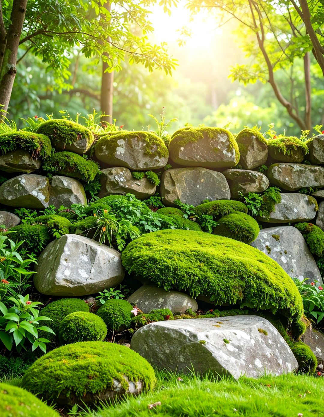 Fieldstone Wall with Natural Moss Growth Enhancement - 25 Natural Rock Retaining Wall Ideas