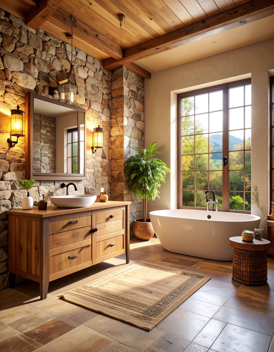 Fieldstone and Oak Rustic Bathroom - 25 Earthy Bathroom Ideas