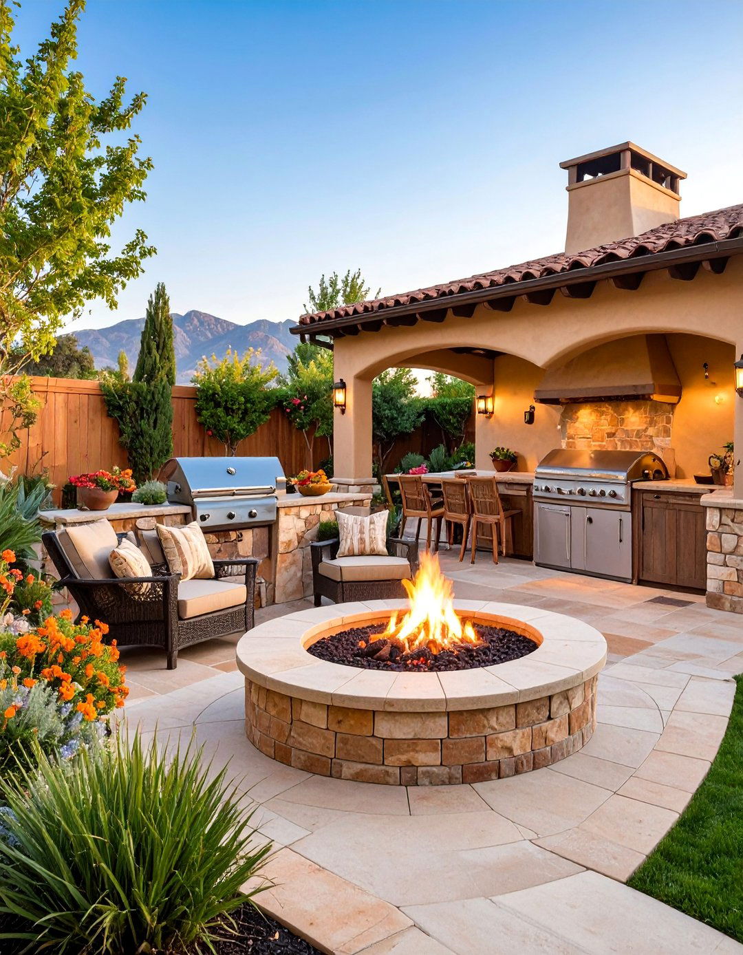 Fieldstone with Corner Fire Pit and Built in Grill - 25 stamped concrete patio with fire pit ideas