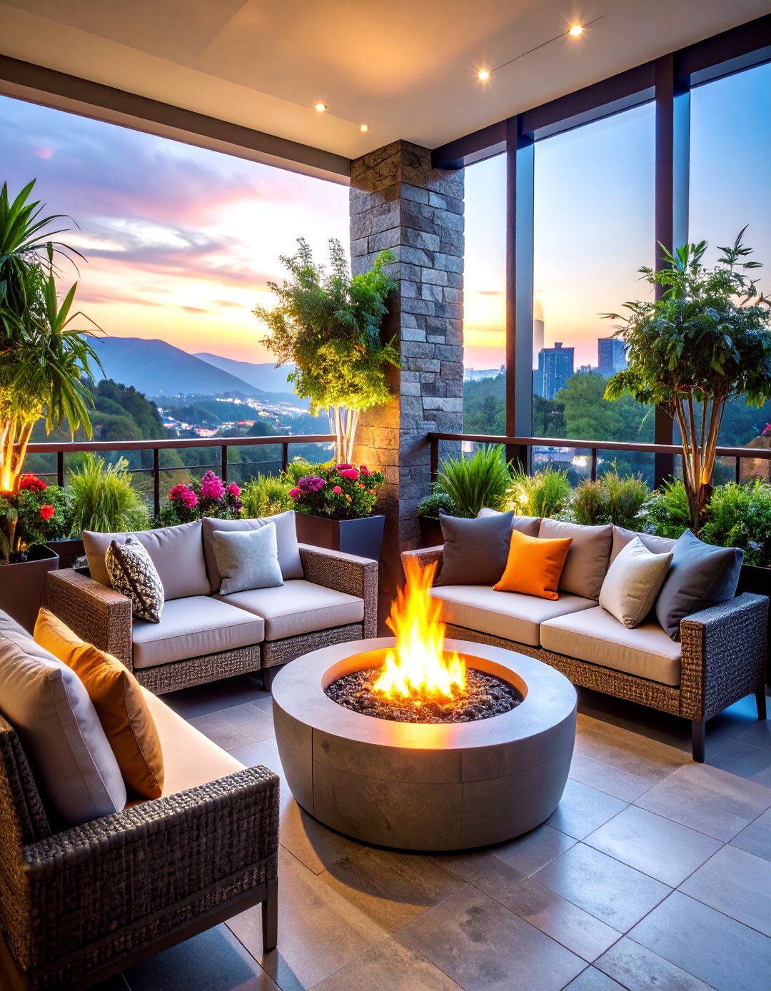 Fire Feature Gathering Loft Balcony with Social Focus - 25 Loft Balcony Ideas