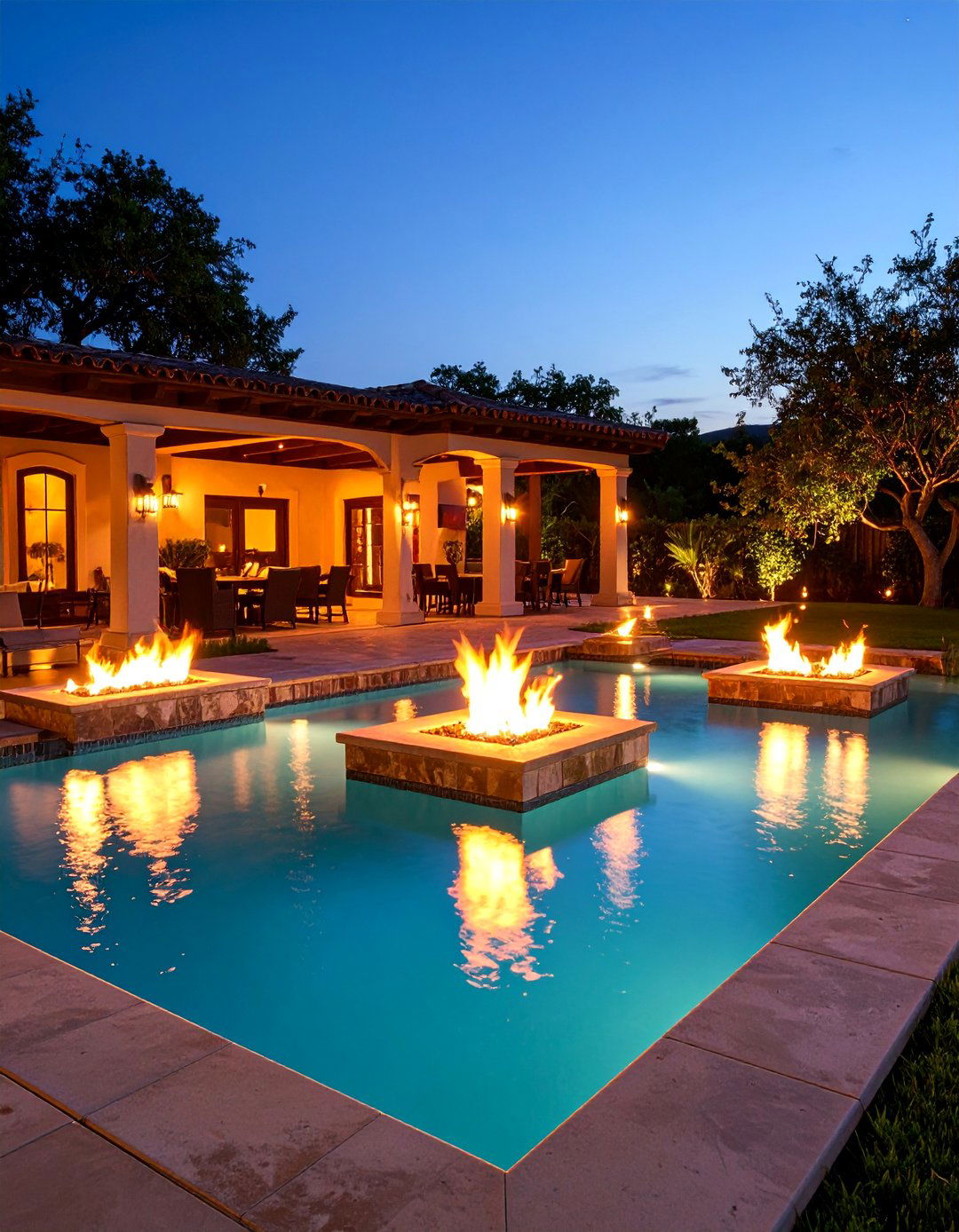 Fire Feature Pool with Dramatic Ambiance - 25 Small Inground Pool Ideas