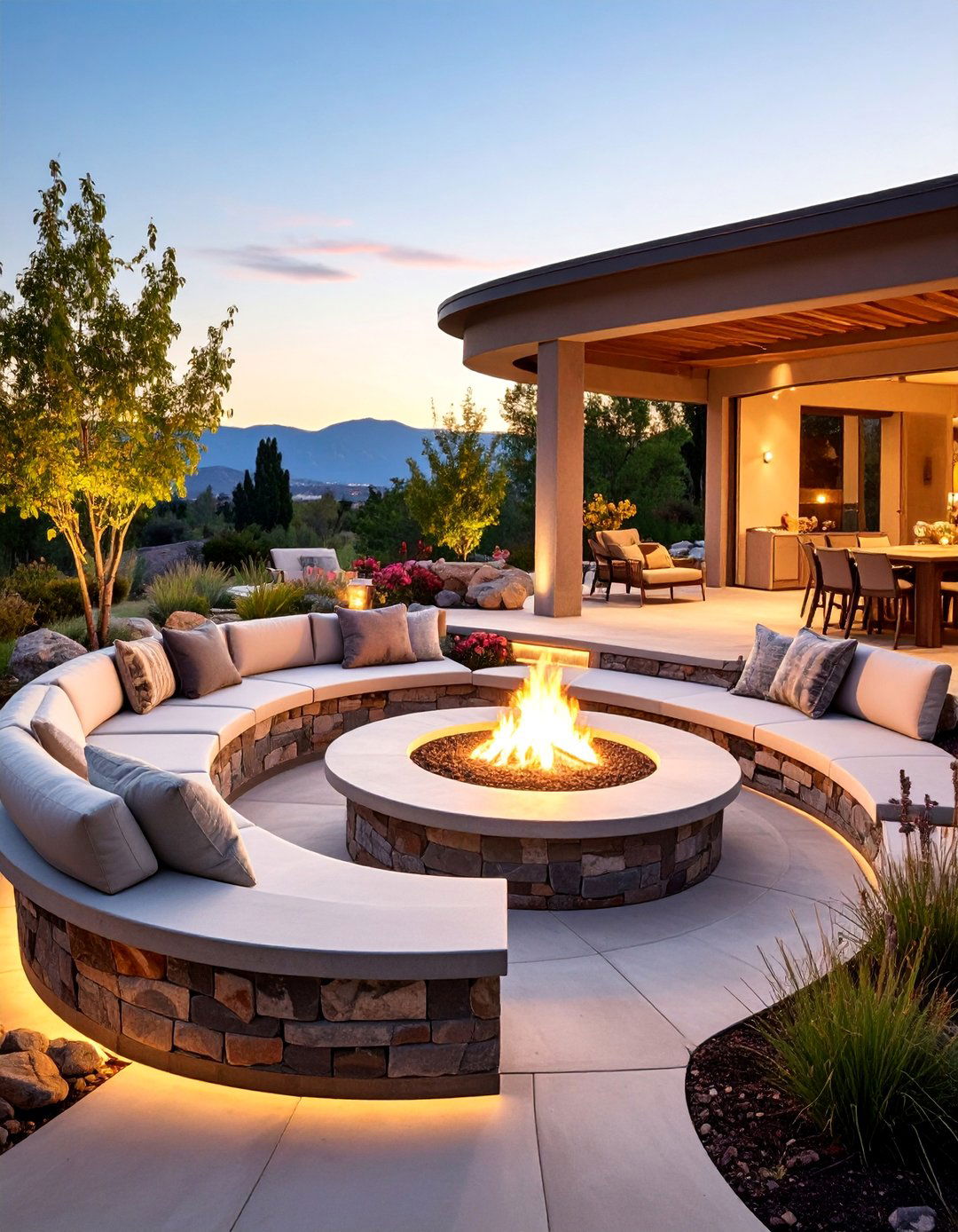 Fire Feature Raised Concrete Patio with Curved Design - 25 Raised Concrete Patio Ideas