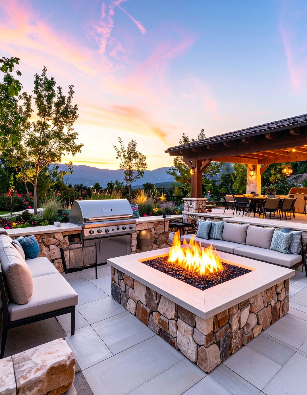 Fire Pit BBQ Combo with Gathering Seating - 25 bbq area ideas