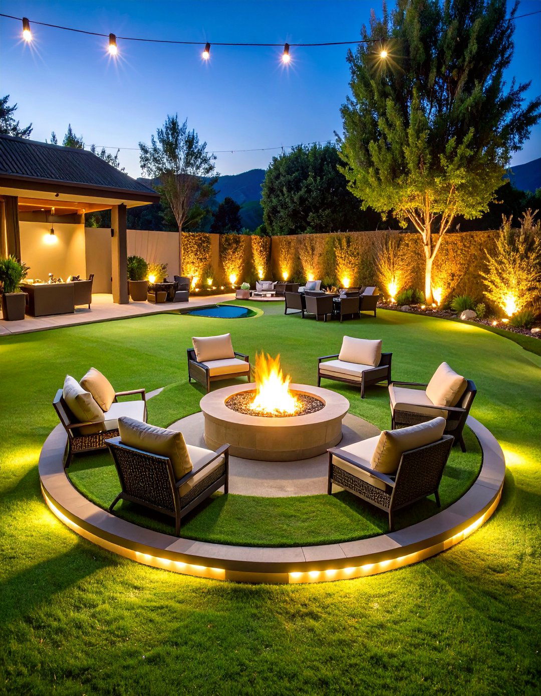 Fire Pit Entertainment Green with Curved Seating - 25 Backyard Putting Green Ideas